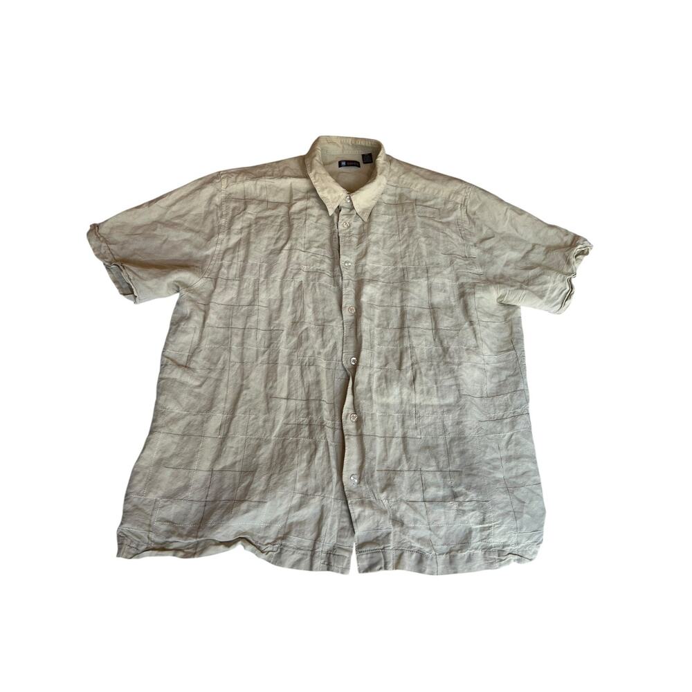 Centro Men's Vintage Linen Checked Button Up Camp Shirt Beige Size XXL